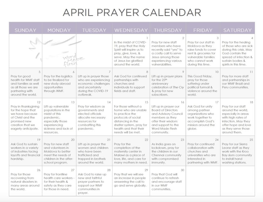 April Prayer Calendar Word Made Flesh