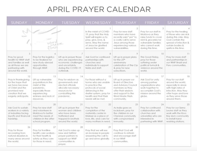 April Prayer Calendar Word Made Flesh