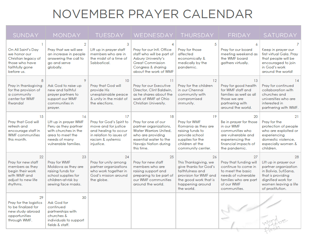 November Prayer Calendar - Word Made Flesh