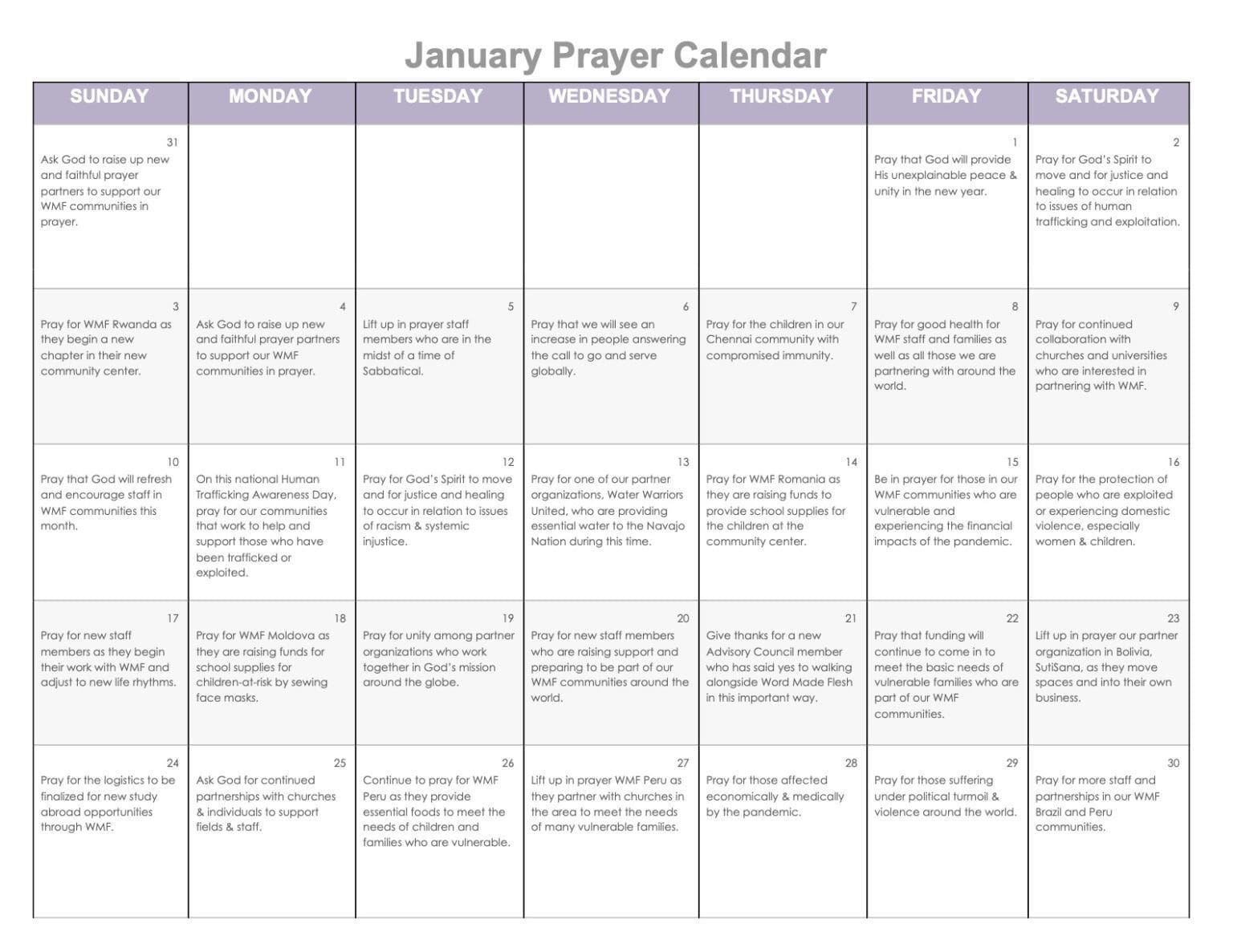 January Prayer Calendar