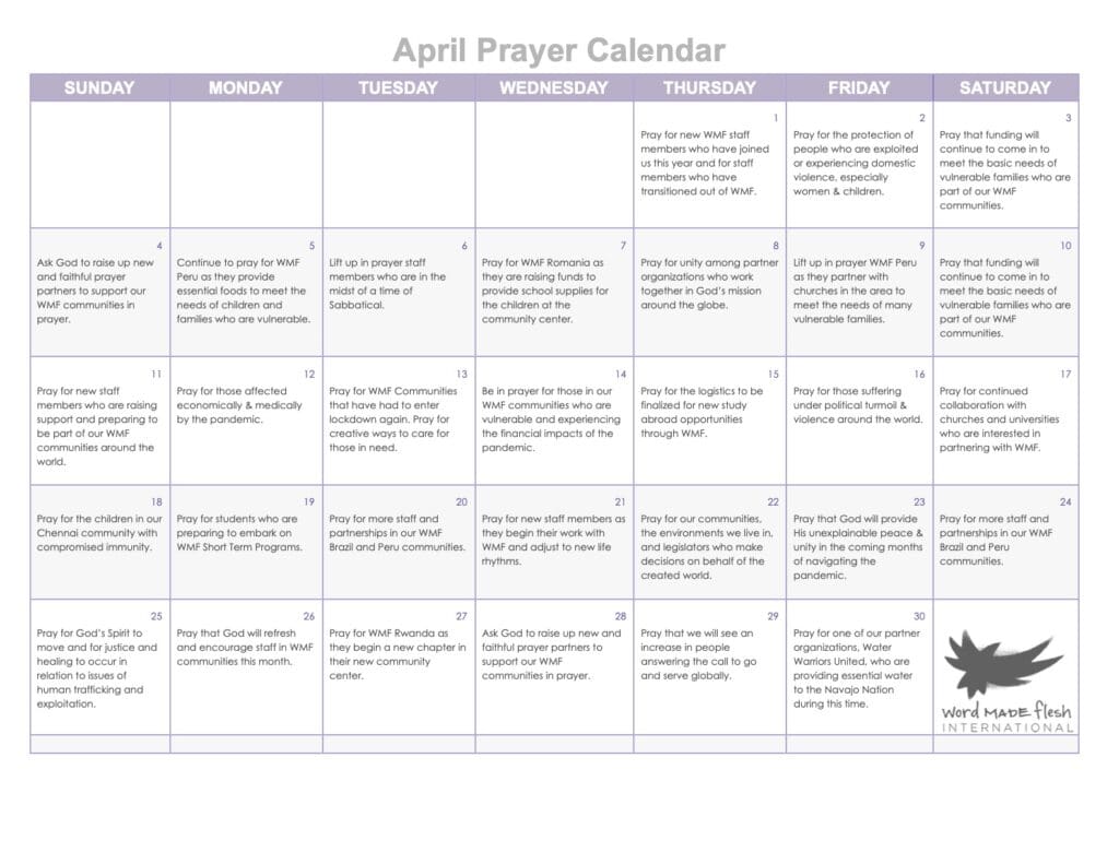 April Prayer Calendar - Word Made Flesh